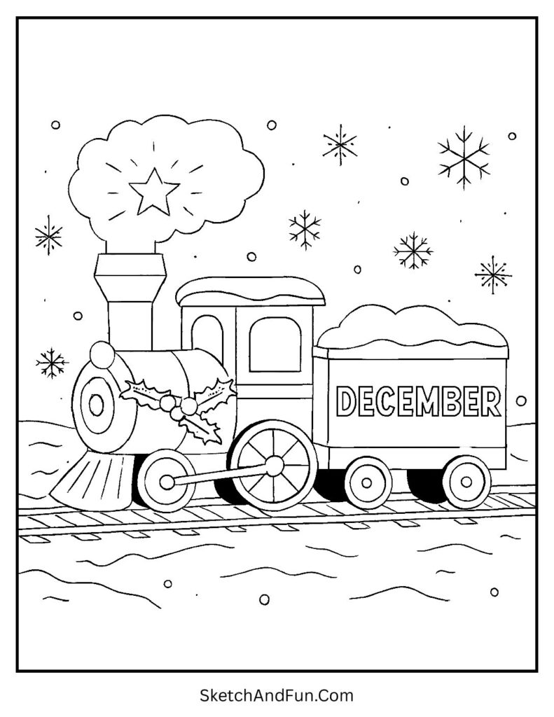 Holiday train with DECEMBER side – New Year’s Eve coloring page celebration.