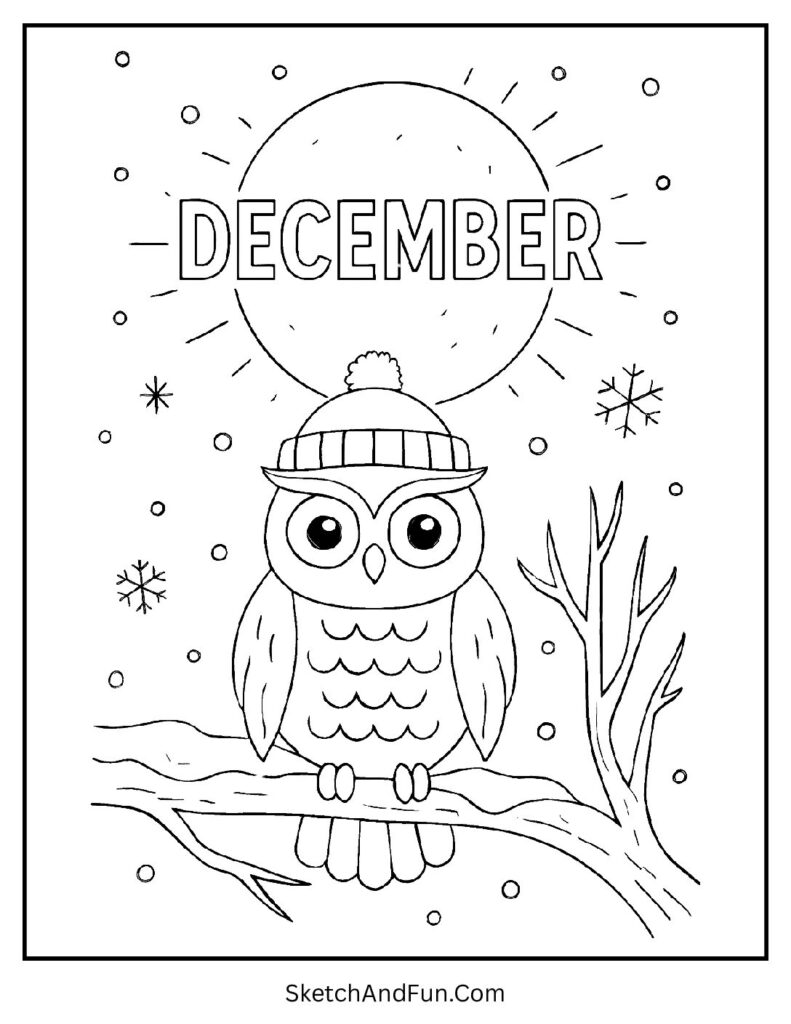 Owl on snowy branch with DECEMBER moon – Sagittarius December coloring page nature.