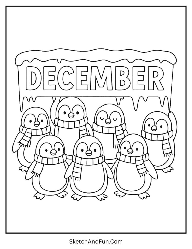 Penguins with DECEMBER banner – cute December coloring pages for kids.