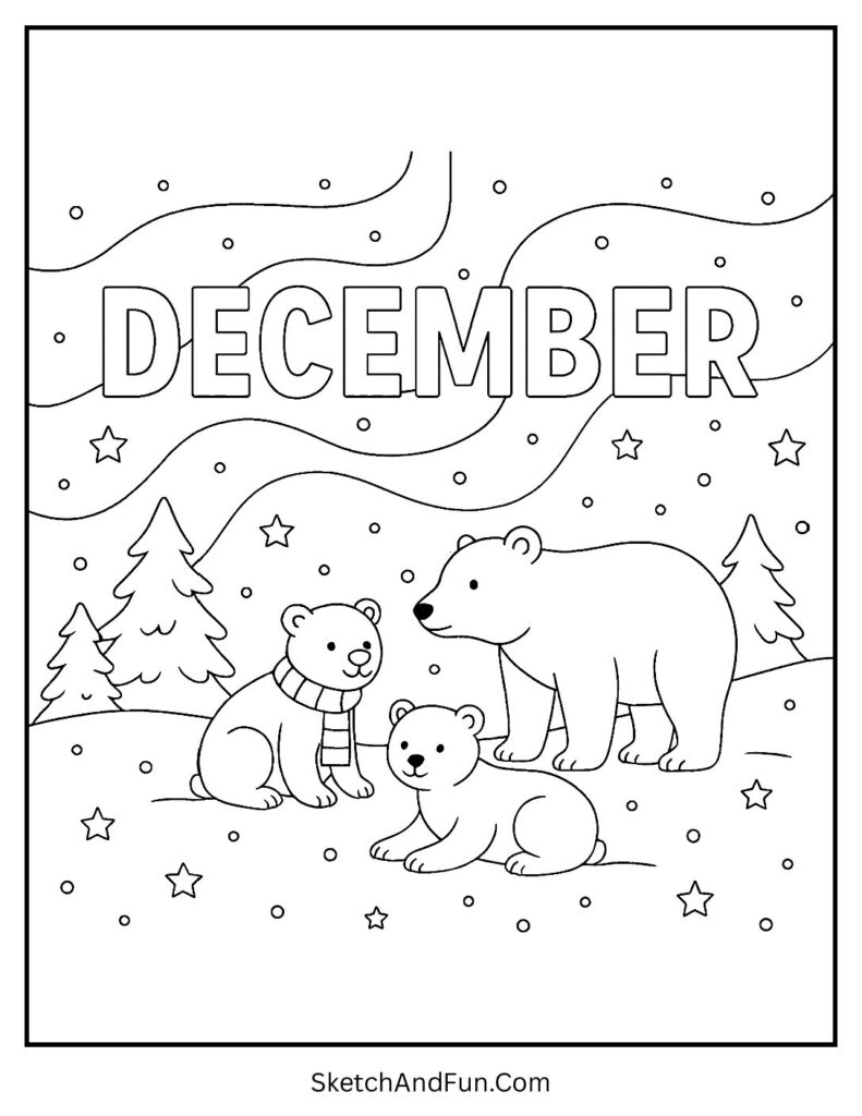 Polar bears under lights forming DECEMBER – Capricorn December coloring page winter.