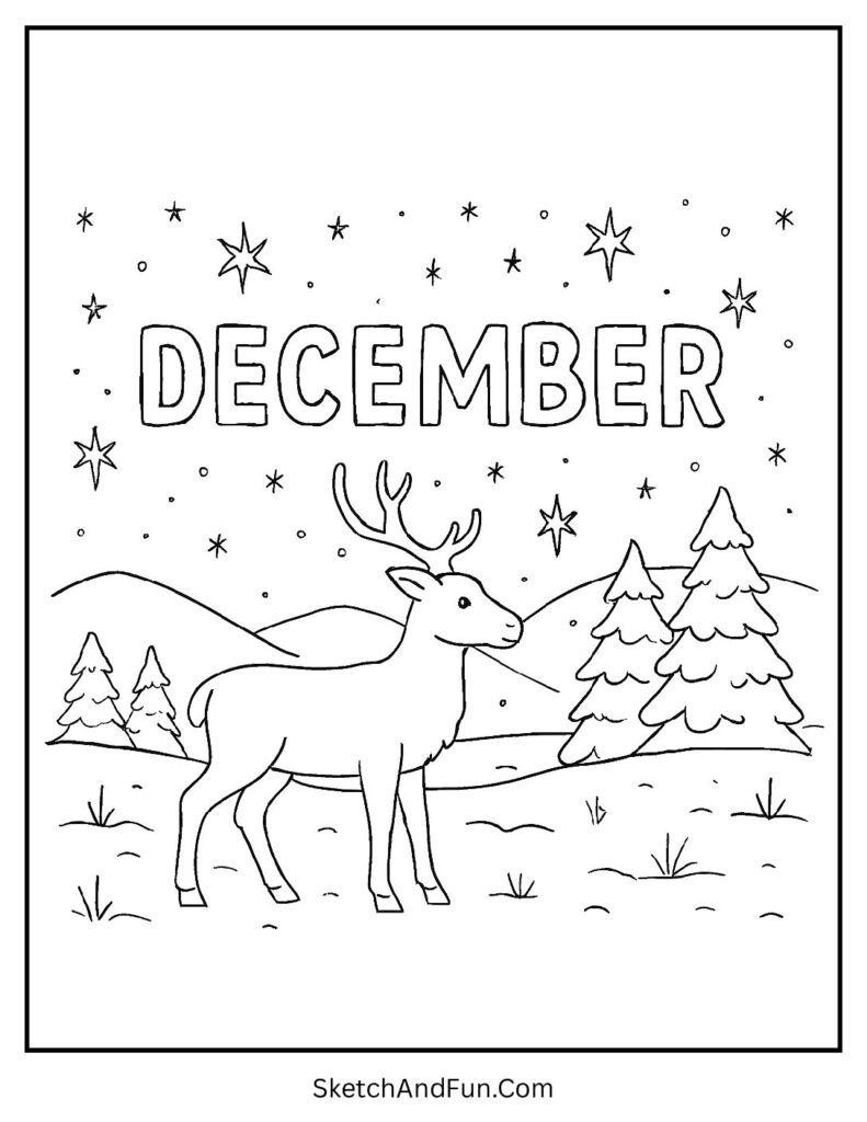 Reindeer under sky with DECEMBER shining – Reindeer December coloring page for winter.