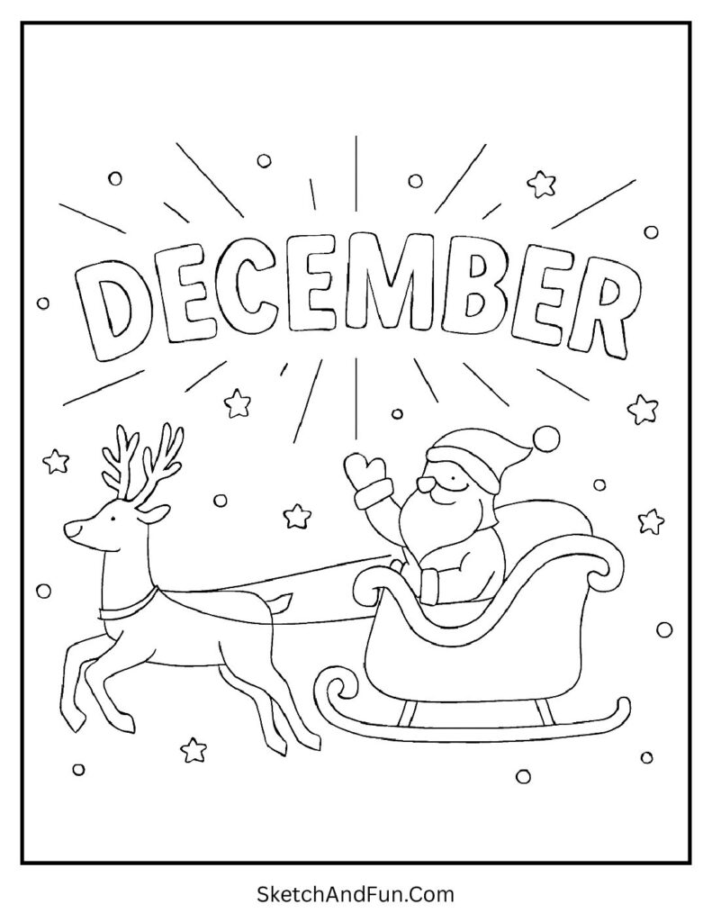 Santa sleigh with glowing DECEMBER – St. Nicholas coloring page December edition