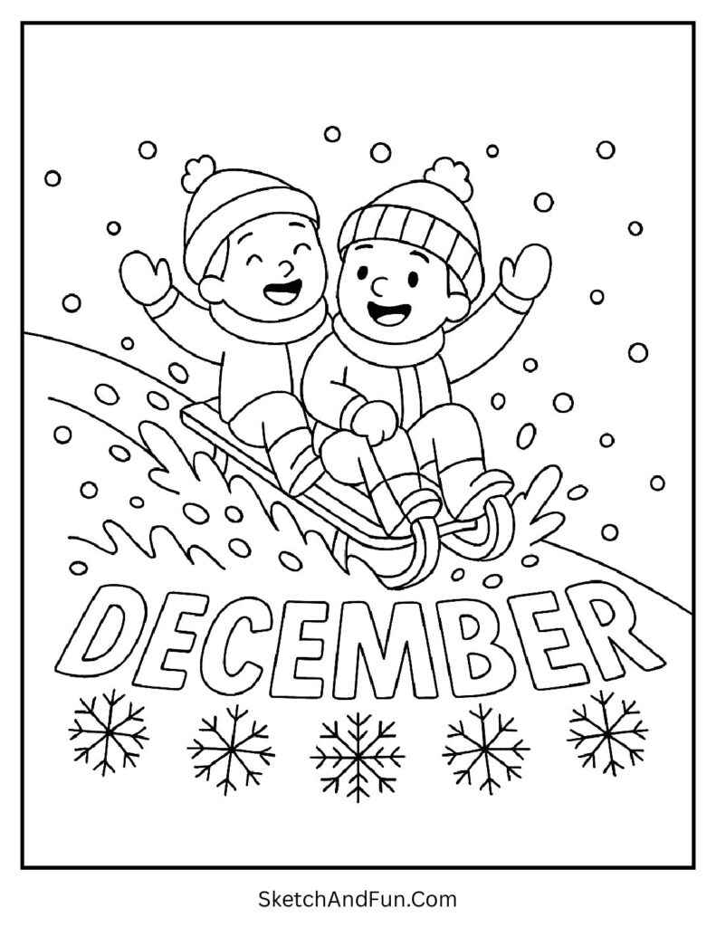 Sledding kids with DECEMBER snow spray – December coloring page for kids.