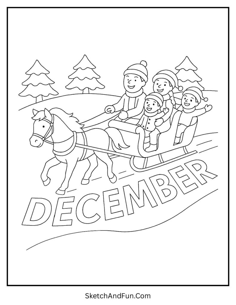 Sleigh ride leaving DECEMBER trail – December coloring worksheet for children.