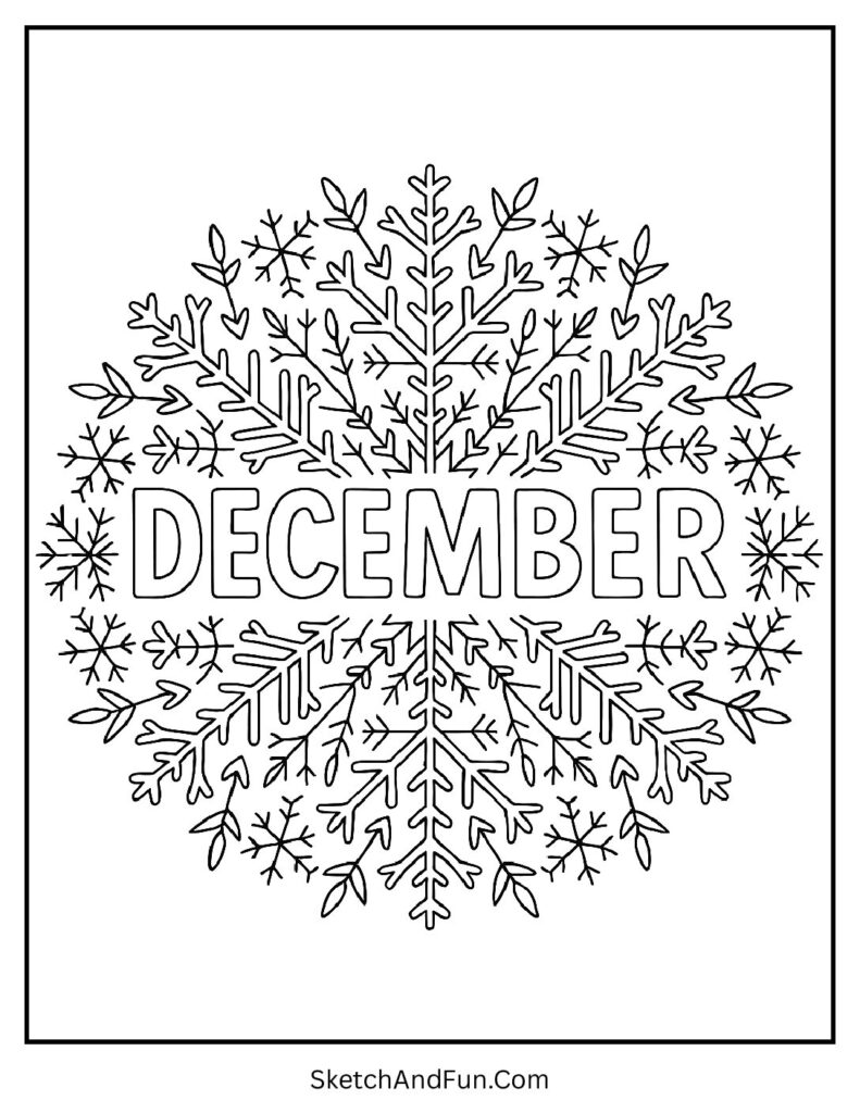 Snowflake mandala with DECEMBER center – December coloring book printable page.