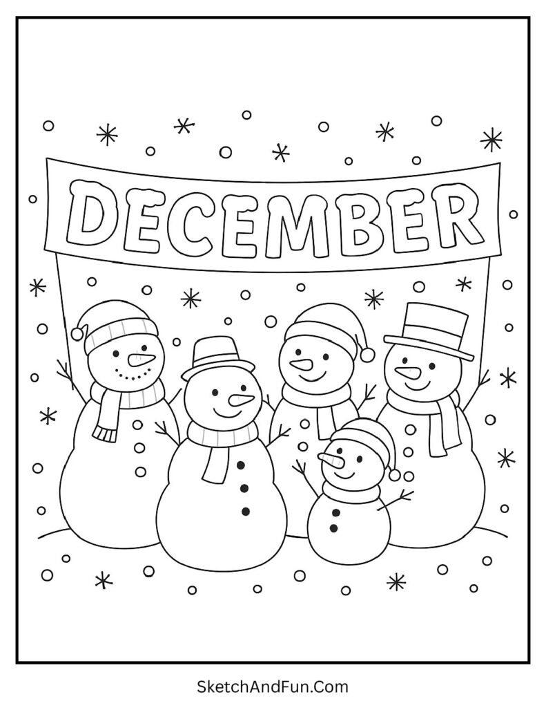 Snowmen holding DECEMBER banner – Snowman December coloring page for kids.