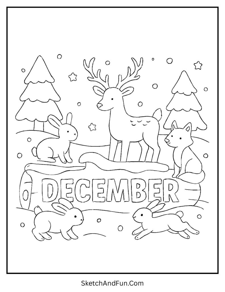 Forest animals with DECEMBER on snowy log – December coloring page with snowflakes nature.