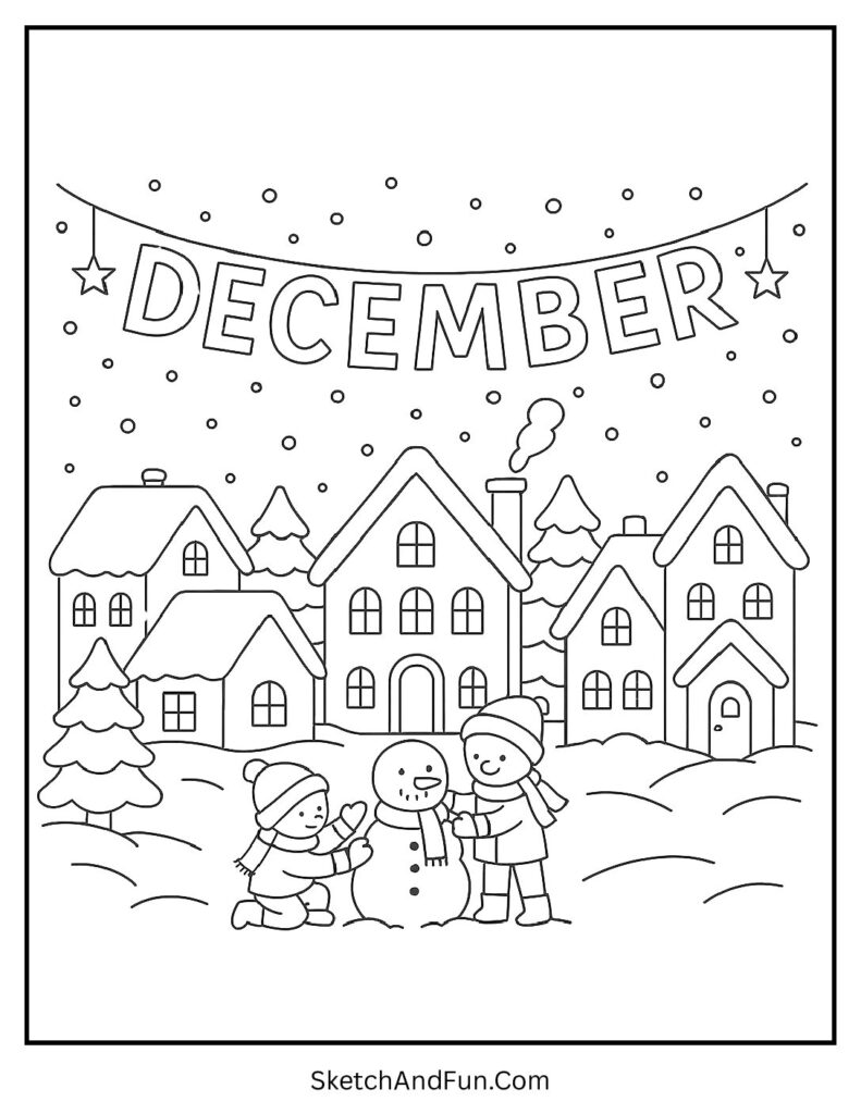 Cozy snowy village with DECEMBER lights – Hello December coloring page for winter fun.