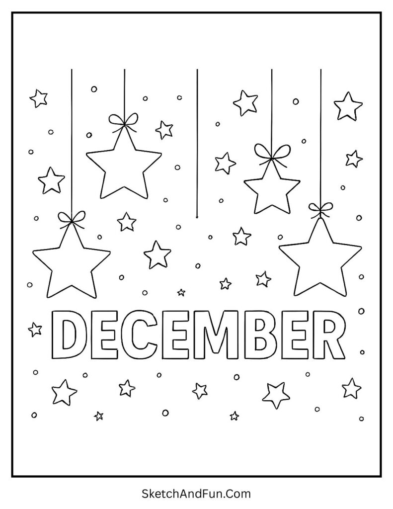 Star ornaments with DECEMBER shining – December word art coloring page decoration.
