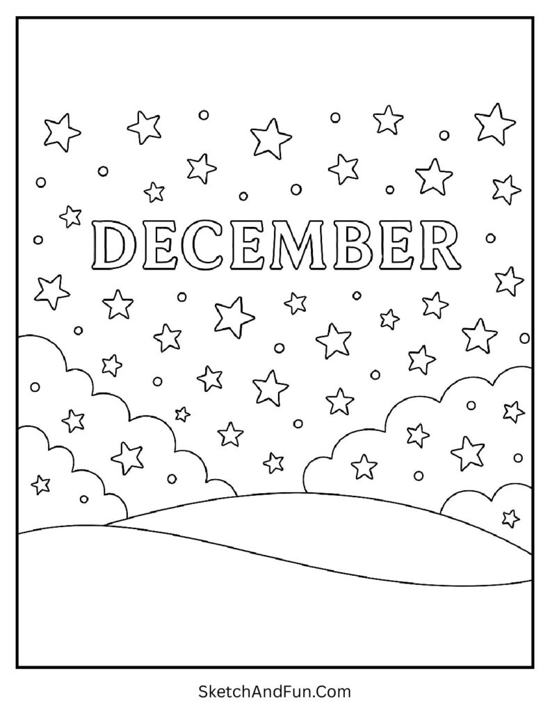Starry hilltop with DECEMBER glowing – simple December coloring pages scene.