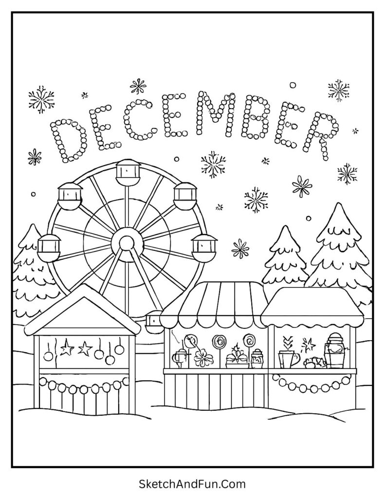 Winter fair lights showing DECEMBER – December coloring pages printable event theme.