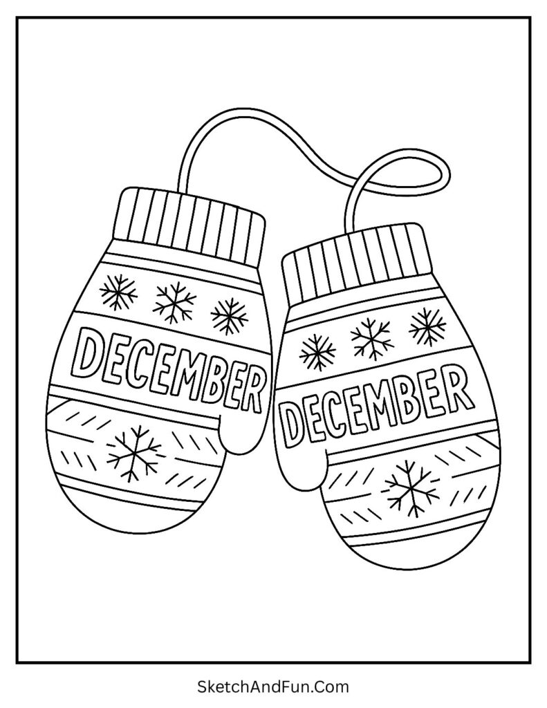Patterned mittens with DECEMBER – December traceable coloring page for winter.