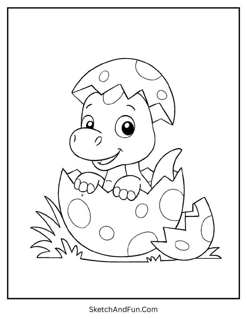 Baby dinosaur hatching from egg for easy coloring pages for preschoolers.