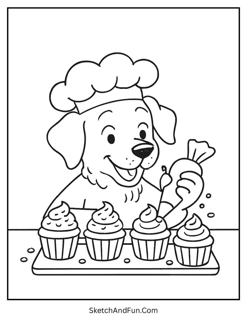 Chef pup decorating cupcakes for dog coloring activity sheets.