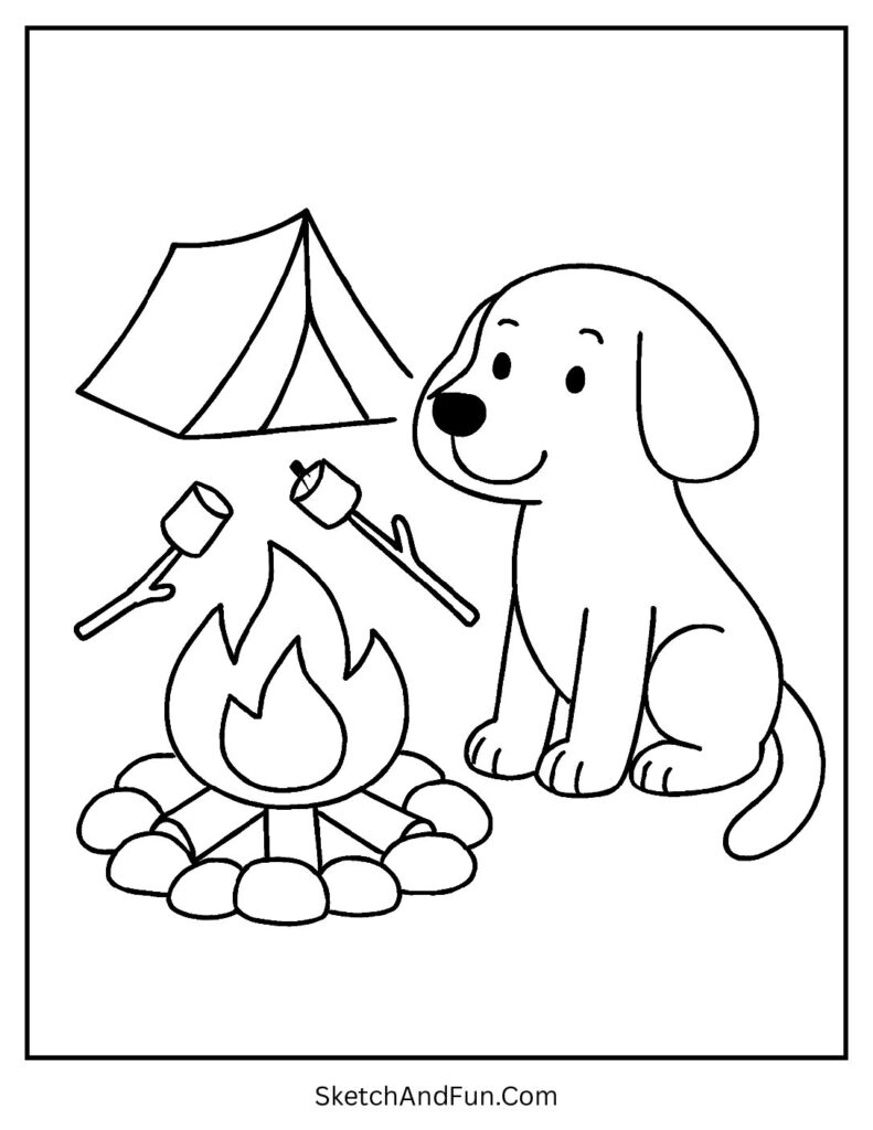 Dog camping by fire for dog coloring pages for kids