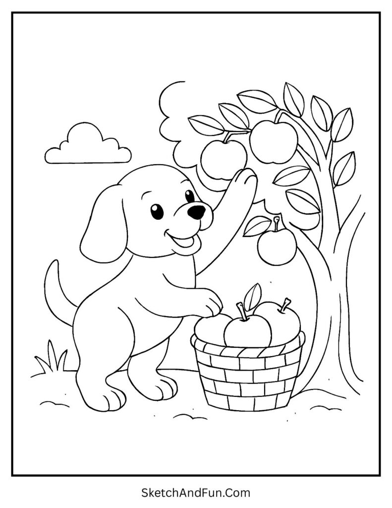 Dog picking apples for dog coloring page sketch.