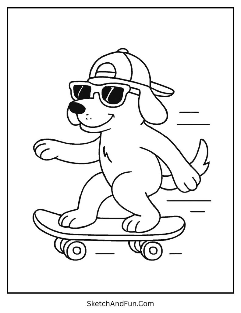 Cool pup skateboarding for cartoon dog coloring pages.