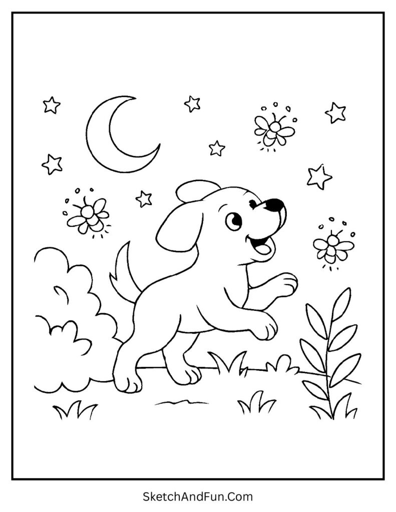 Dog chasing fireflies at night for dog coloring pages printable.