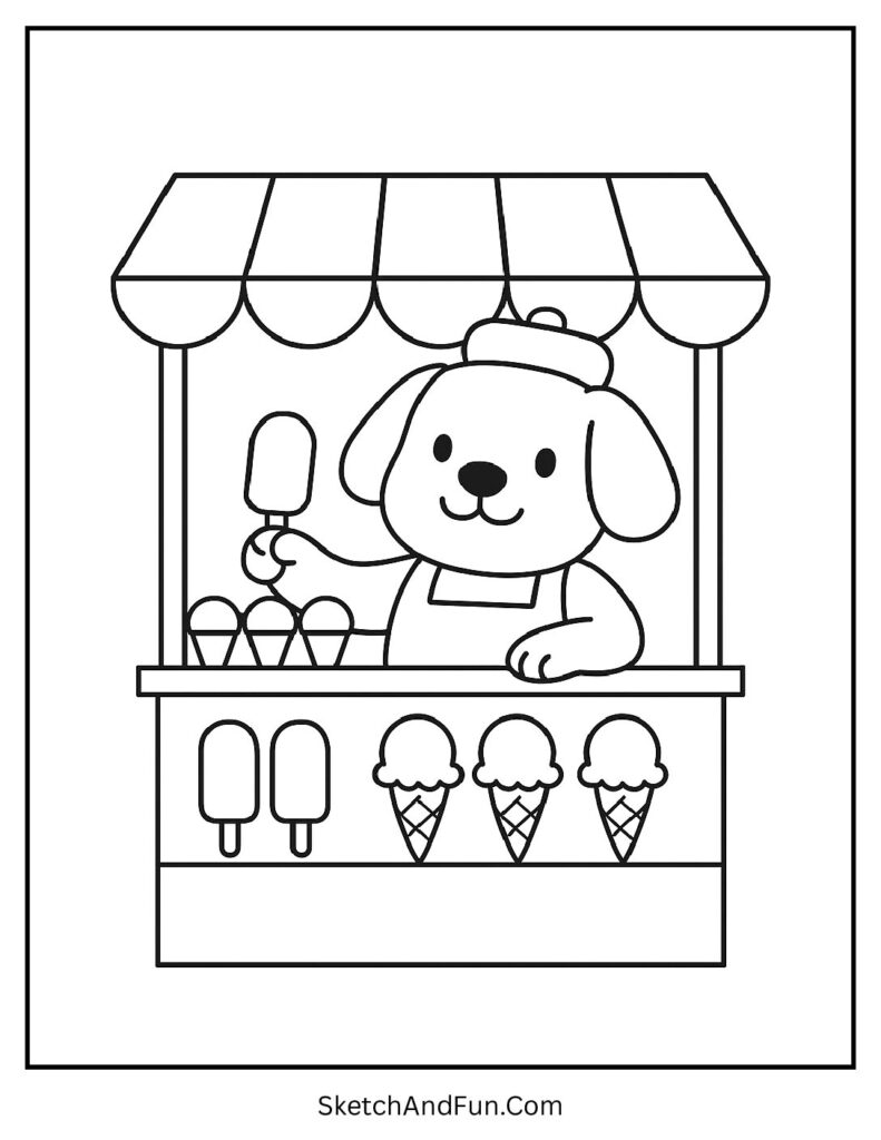Pup selling ice cream for dog coloring and word search.
