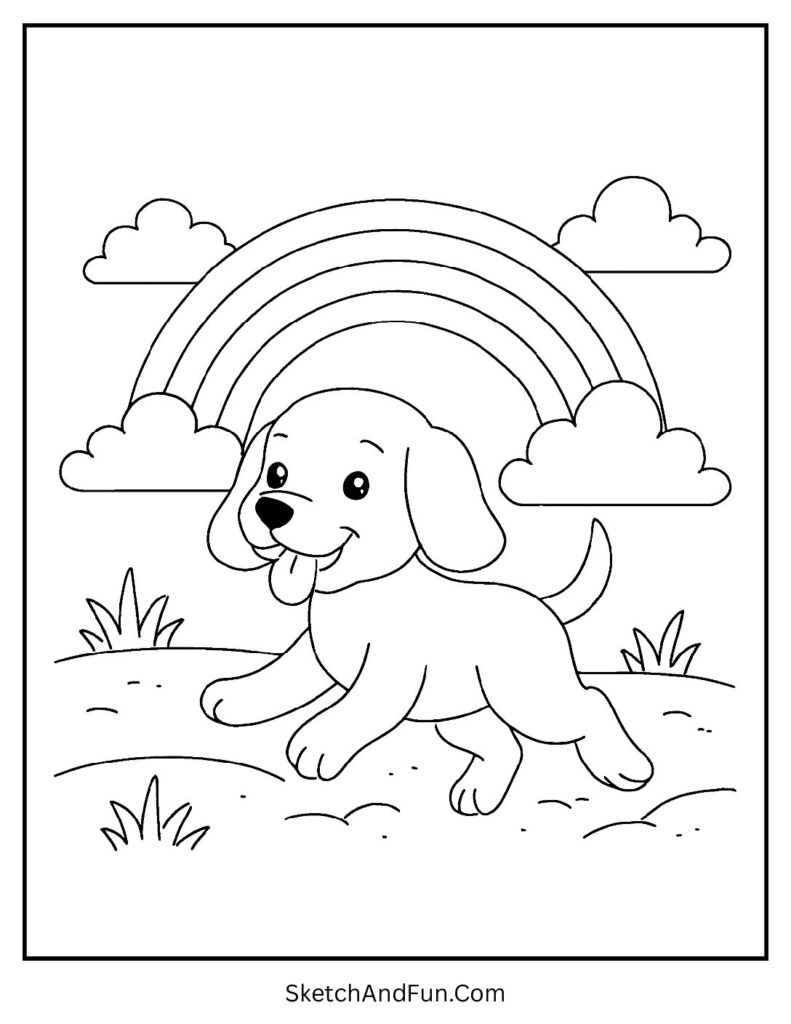 Dog running under rainbow for dog coloring pages full body.