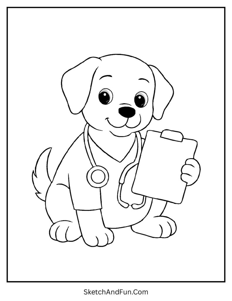 Doctor dog with stethoscope for dog coloring pages for adults.