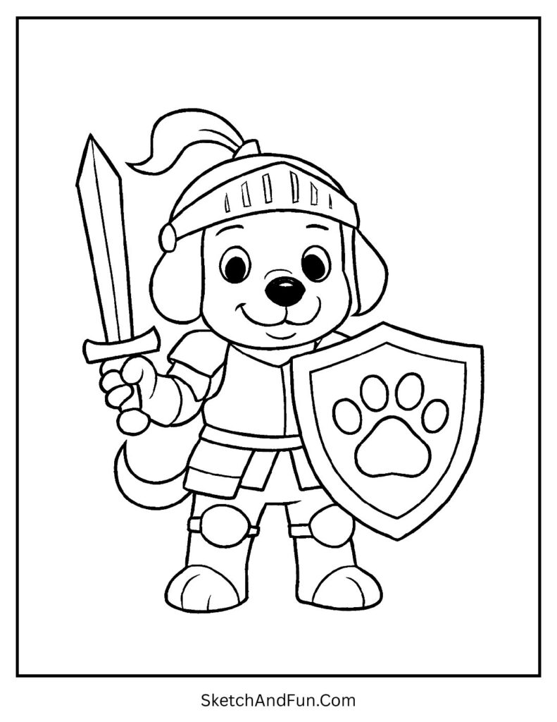 Dog dressed as knight for dog breeds coloring pages printable.