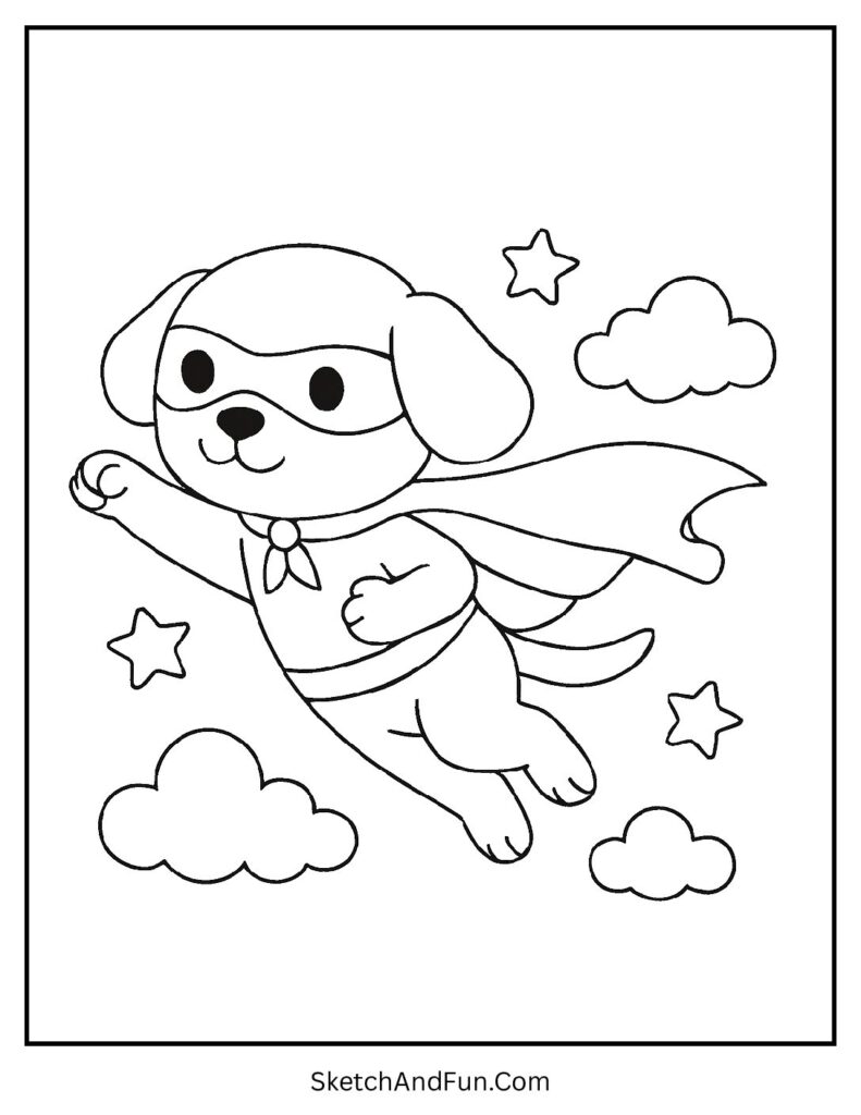Superhero dog with cape for dog coloring pages with names.