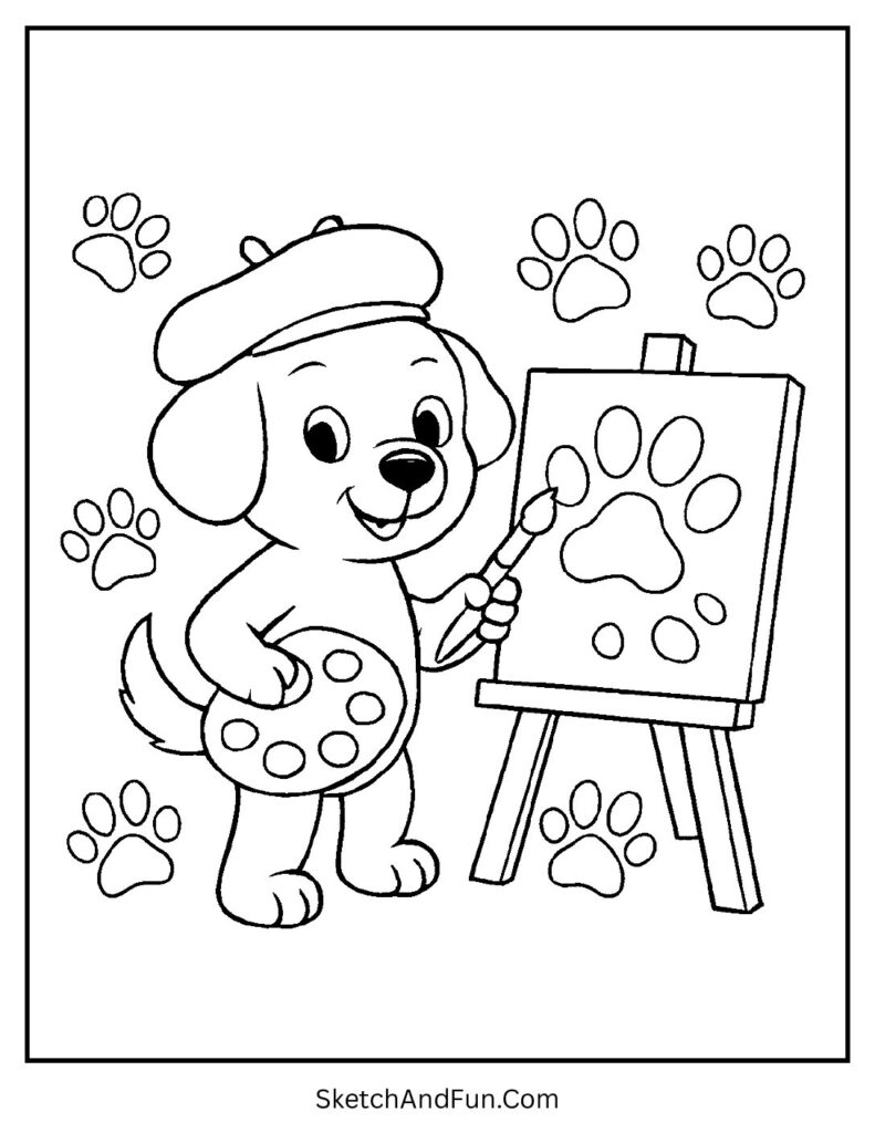 Dog painting with paw prints for custom dog coloring page.