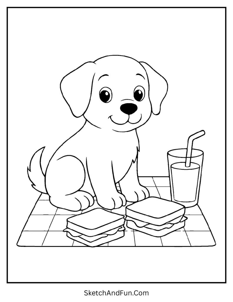 Dog having picnic with snacks for dog coloring page your pet.