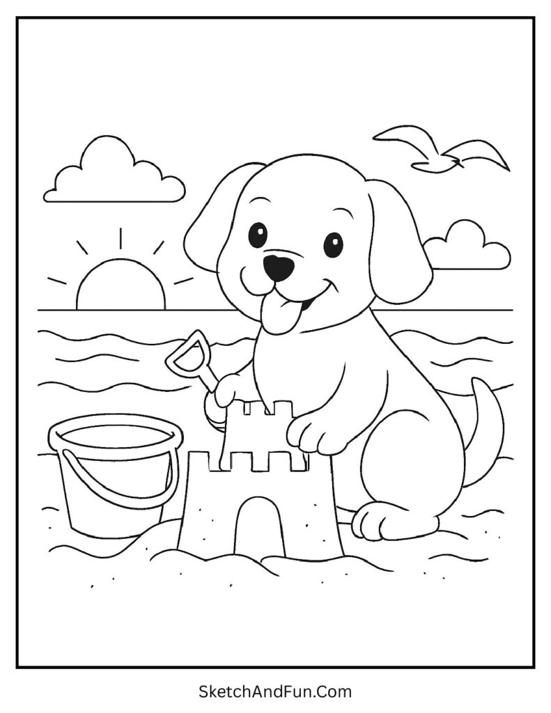 Dog building sandcastle for dog coloring pages with breeds.