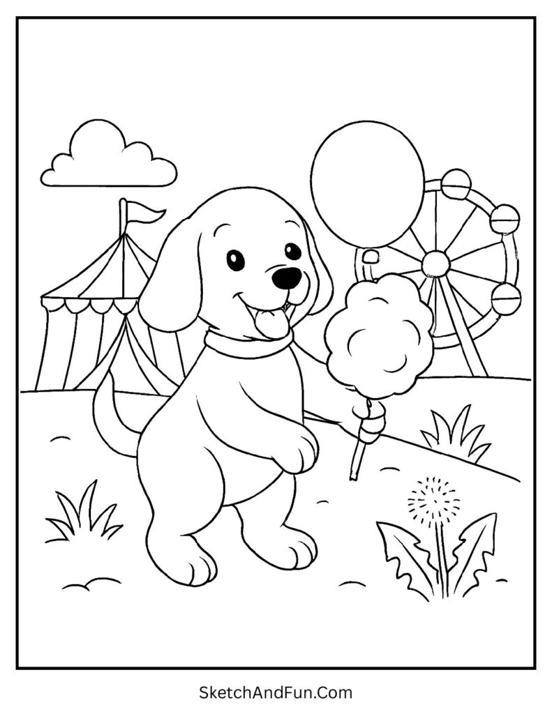 Dog at carnival with cotton candy for dog coloring pages relaxing.