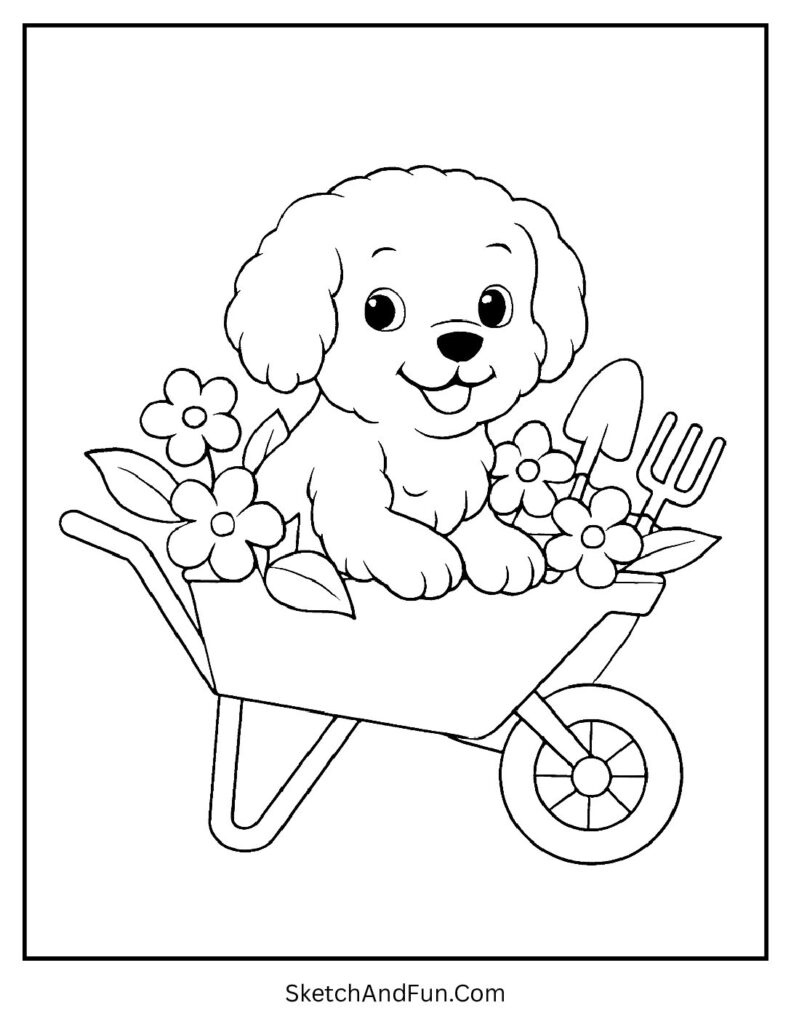 Dog in flower wheelbarrow for dog coloring pages black and white.