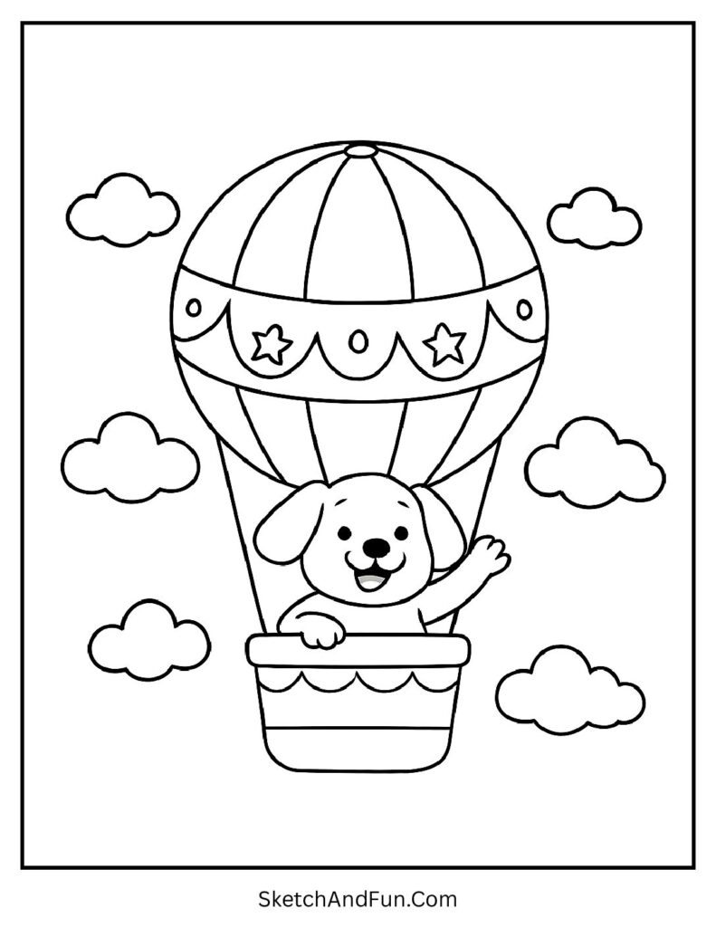 Happy pup flying balloon among clouds for dog coloring pages free to print.