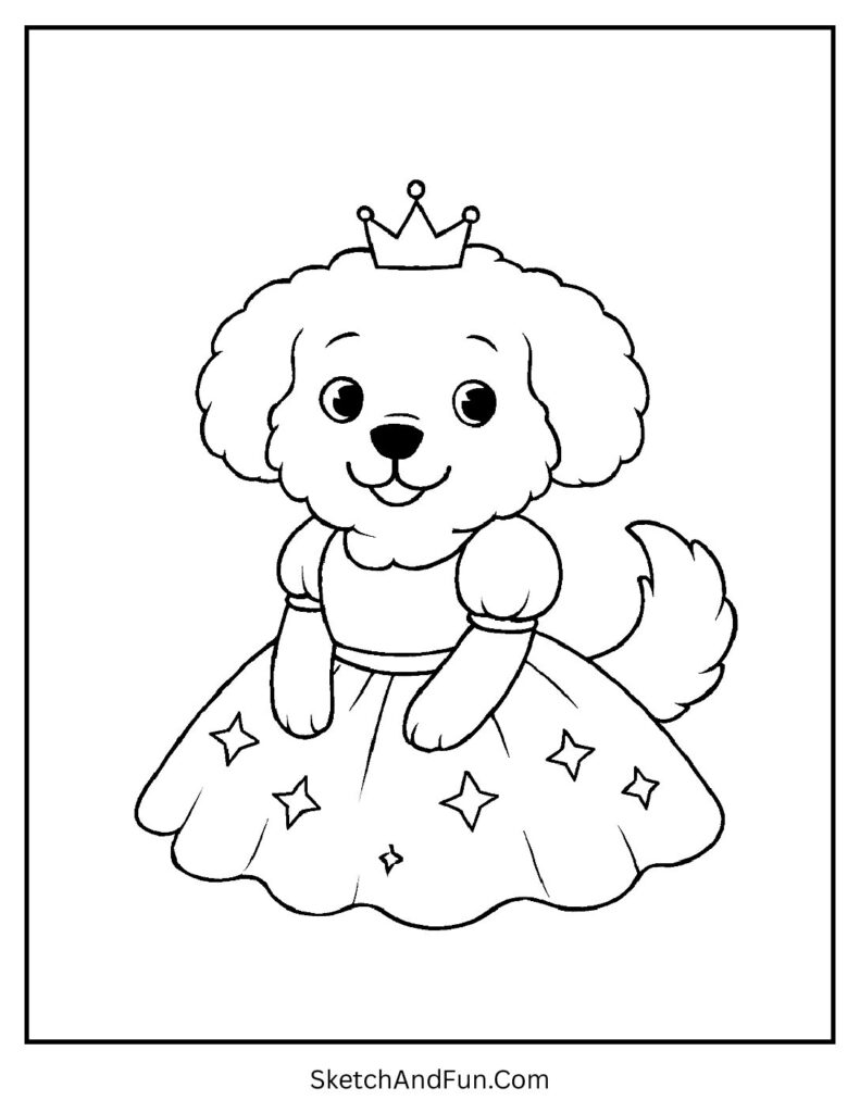Pup in princess dress with crown for dog coloring sheets for seniors.