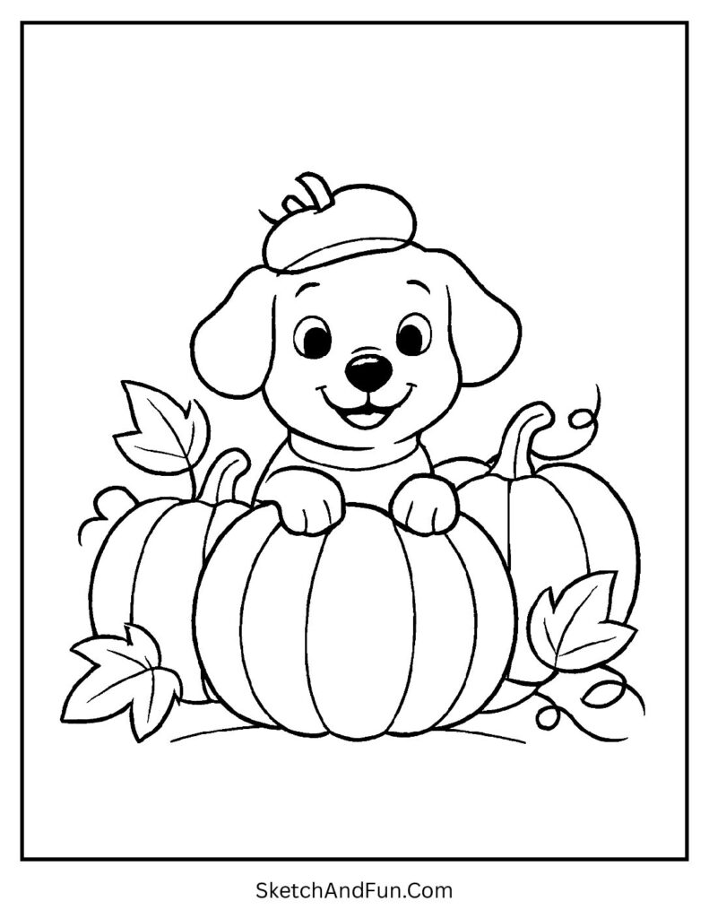 Pup in pumpkin patch for Halloween dog coloring pages.