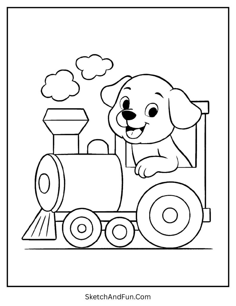 Dog driving train engine for dog coloring pages free to print.