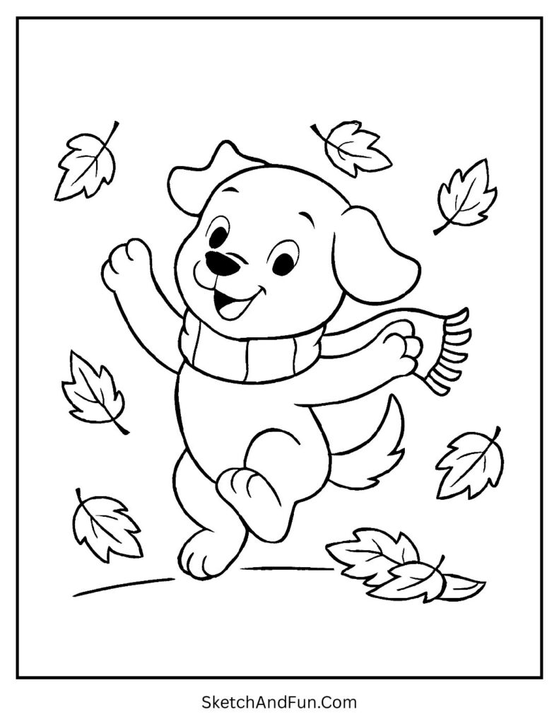 Dog jumping in autumn leaves for dog coloring sheets vector.