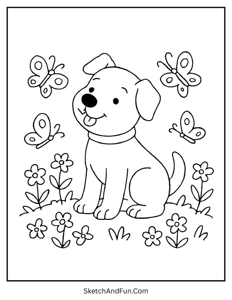 Dog with butterflies in field for dog printable coloring sheets for classrooms.