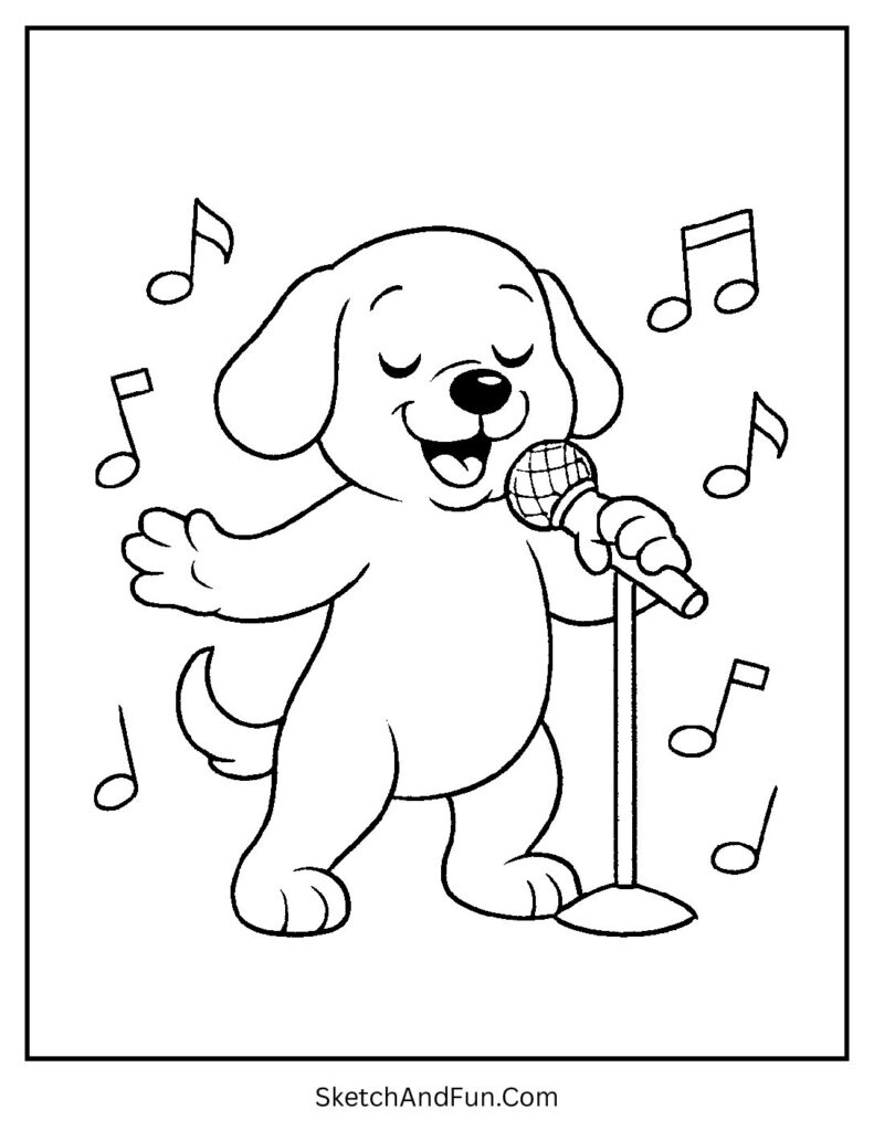 Singing dog with microphone for dog coloring pages in costumes.