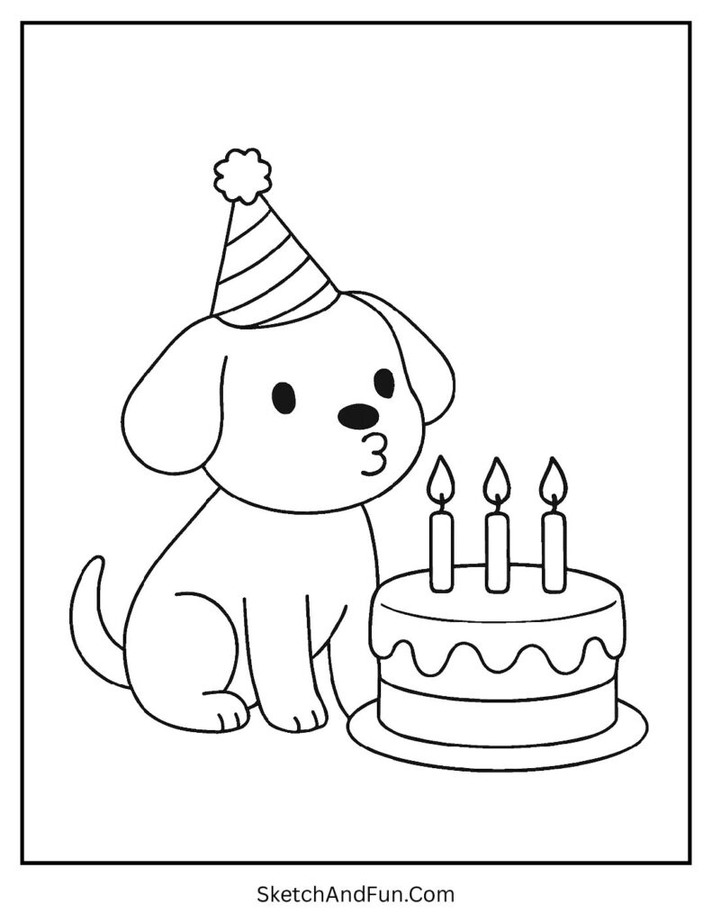 Dog with birthday cake for birthday dog coloring pages.