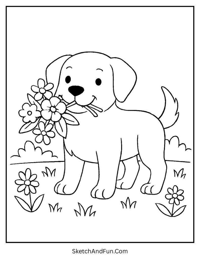 Dog with flowers in mouth for floral dog coloring pages.