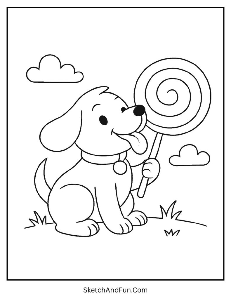 Dog with giant lollipop for dog coloring sheets vector.