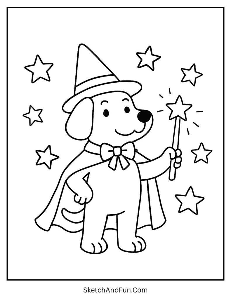 Dog with magic wand and stars for dog coloring pages in costumes.