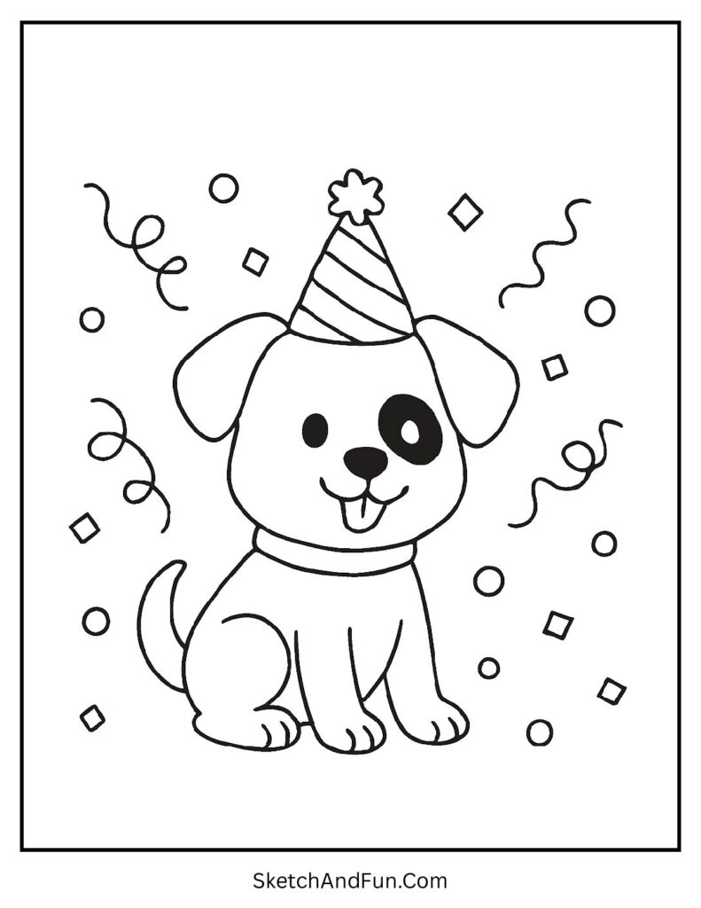 Puppy wearing a party hat with confetti for easy holiday coloring pages free.