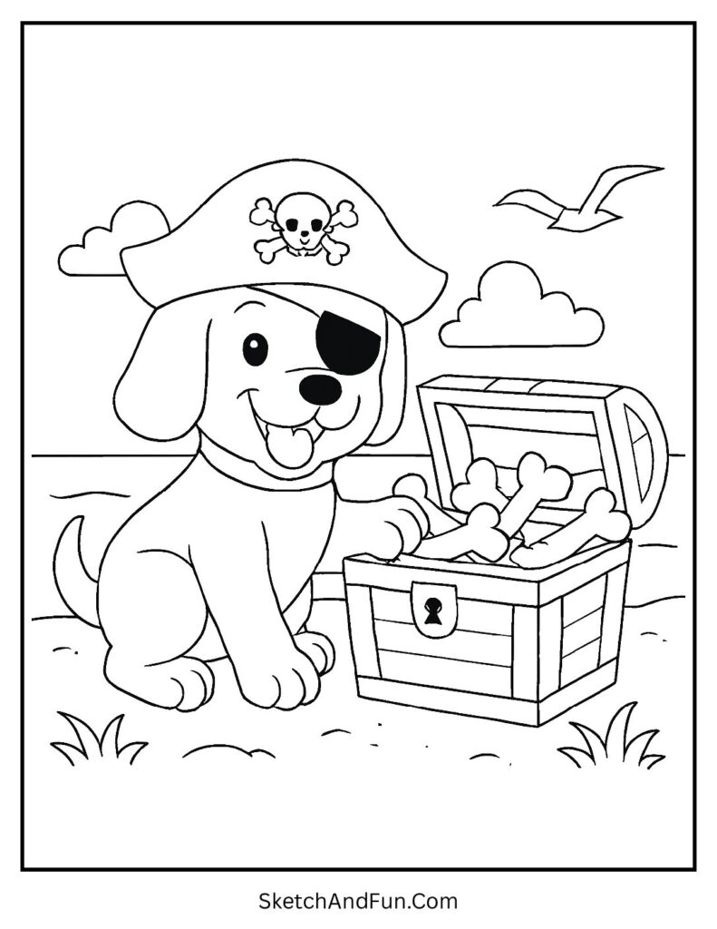 Pirate dog with treasure chest for dog coloring pages with breeds.