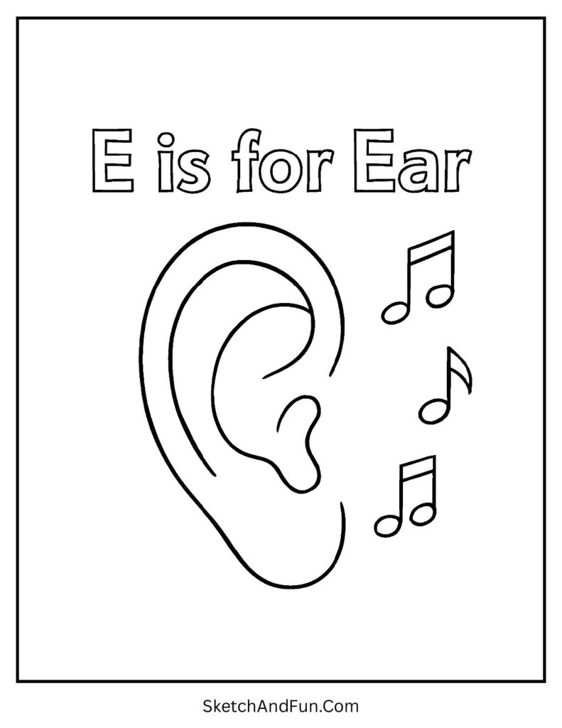 Ear with music notes for letter e coloring pages and tracing.