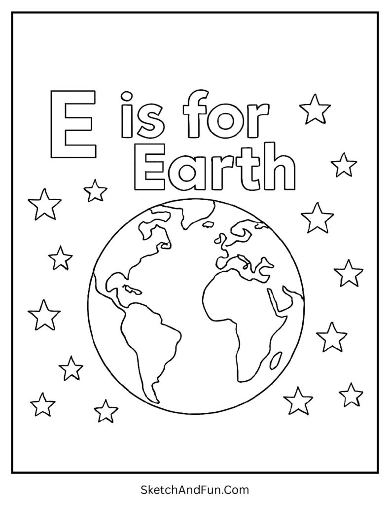 Earth with stars for letter e coloring pages for kindergarten.