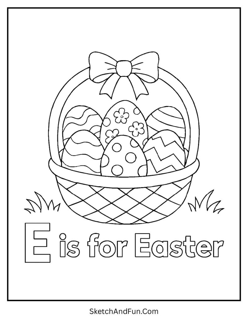 Easter basket with eggs for letter e coloring sheet free.