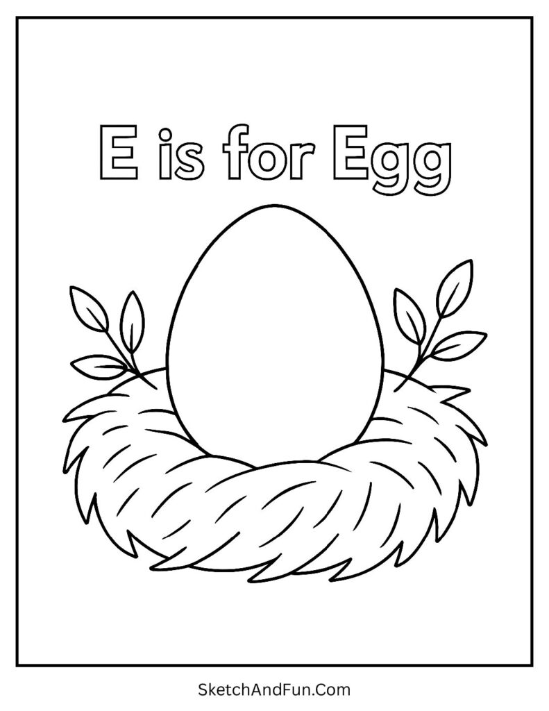 Nest with egg and branches for e is for egg coloring page