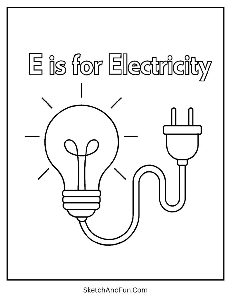 Light bulb with wire for letter e coloring pages for adults.
